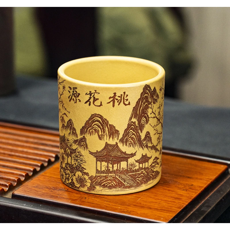 6326宜兴紫砂原矿黄金段手工雕刻桃花源记十二生肖对杯主人杯XY