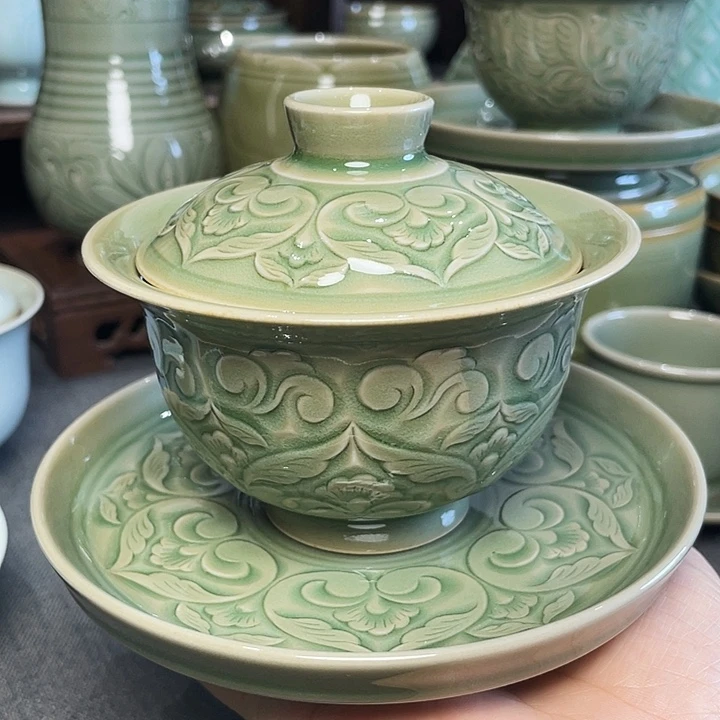 叁***-耀州窑孟红娟老师全手工宝相三才盖碗