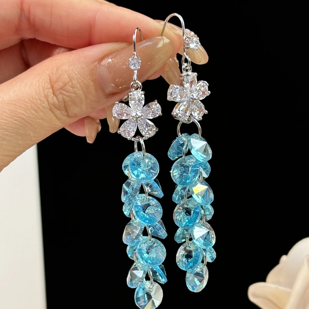 铜合金耳饰 静若】超闪锆石花朵长款流苏耳环轻奢小众高级感耳钩女