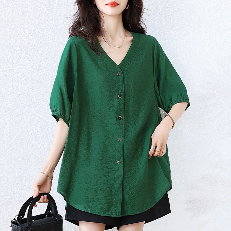 时尚宽松V领单排扣开衫夏季新款休闲宽松中年妈妈装大码减龄衬衫