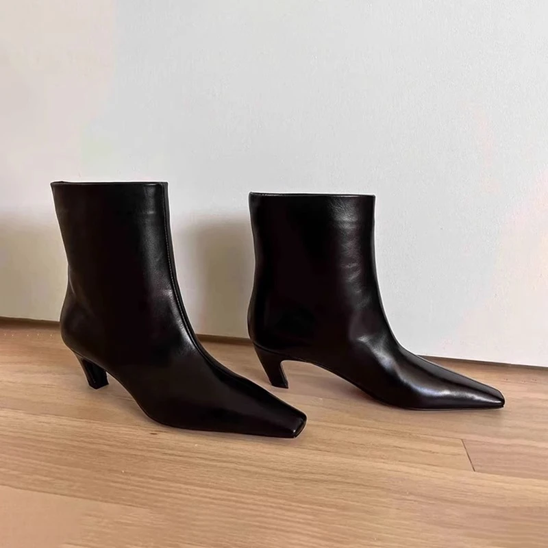 牛皮版~气质方头套脚猫跟短靴秋冬时尚新款百搭瘦瘦靴高跟中筒靴