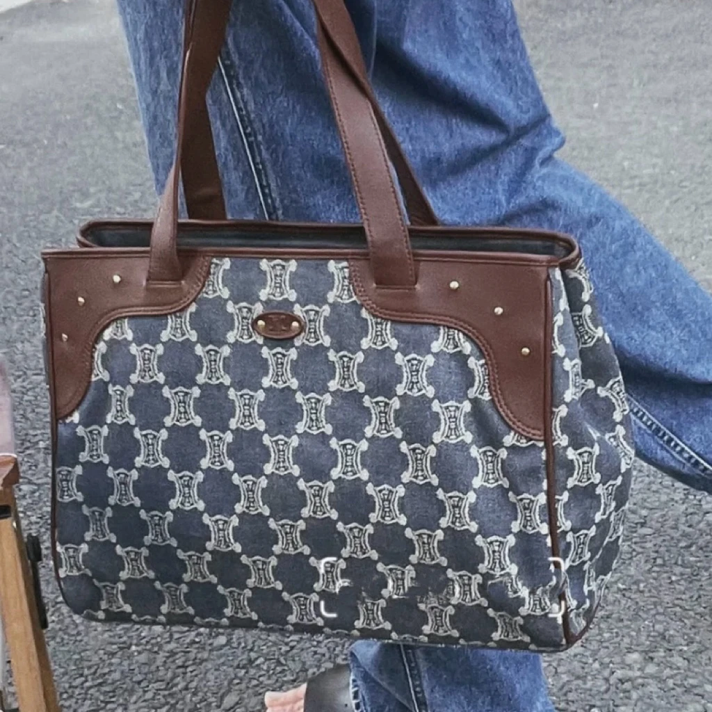 95新 Celine/思琳 大号丹宁牛仔拼皮托特