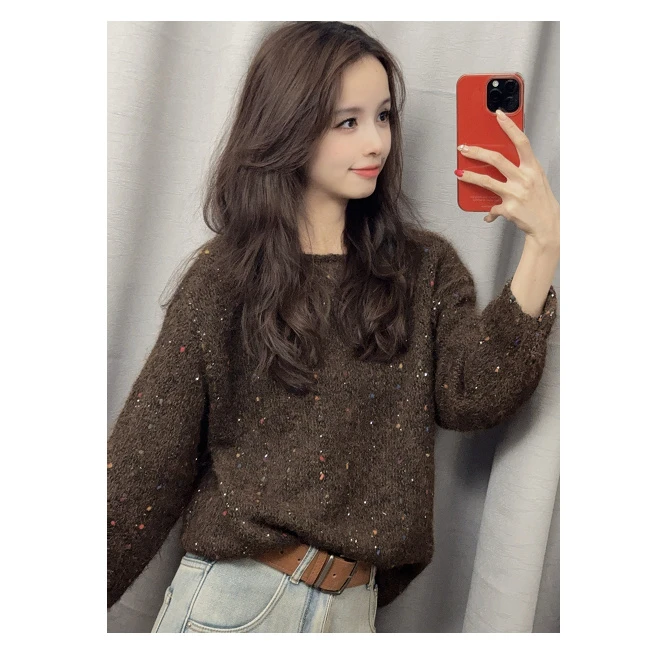 时尚彩色球球亮片卷边毛衣女秋冬季韩版一字领慵懒风针织衫
