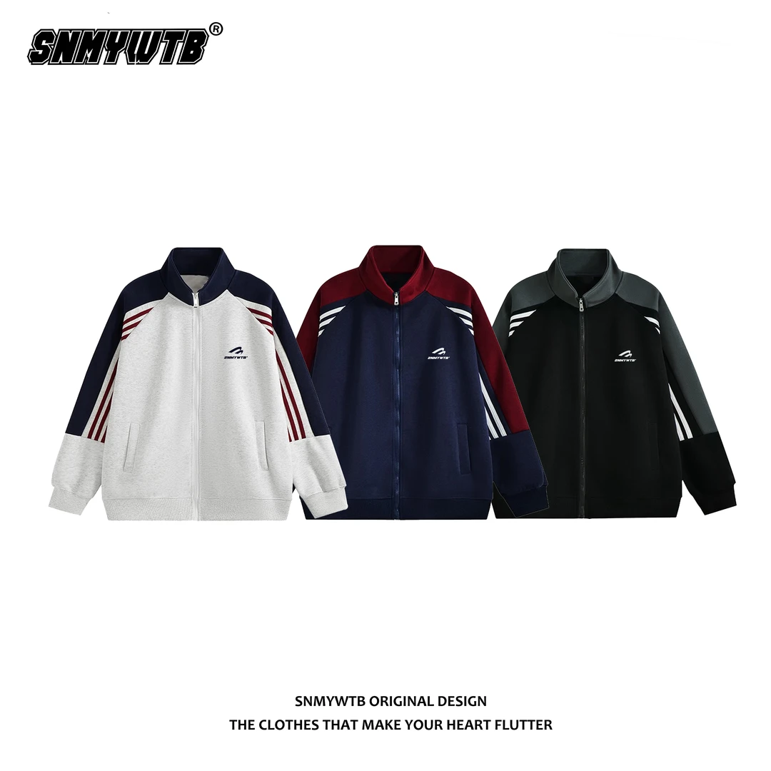 SNMYWTB国潮美式插肩三杠立领拉链卫衣拼色外套男女开衫春秋上衣