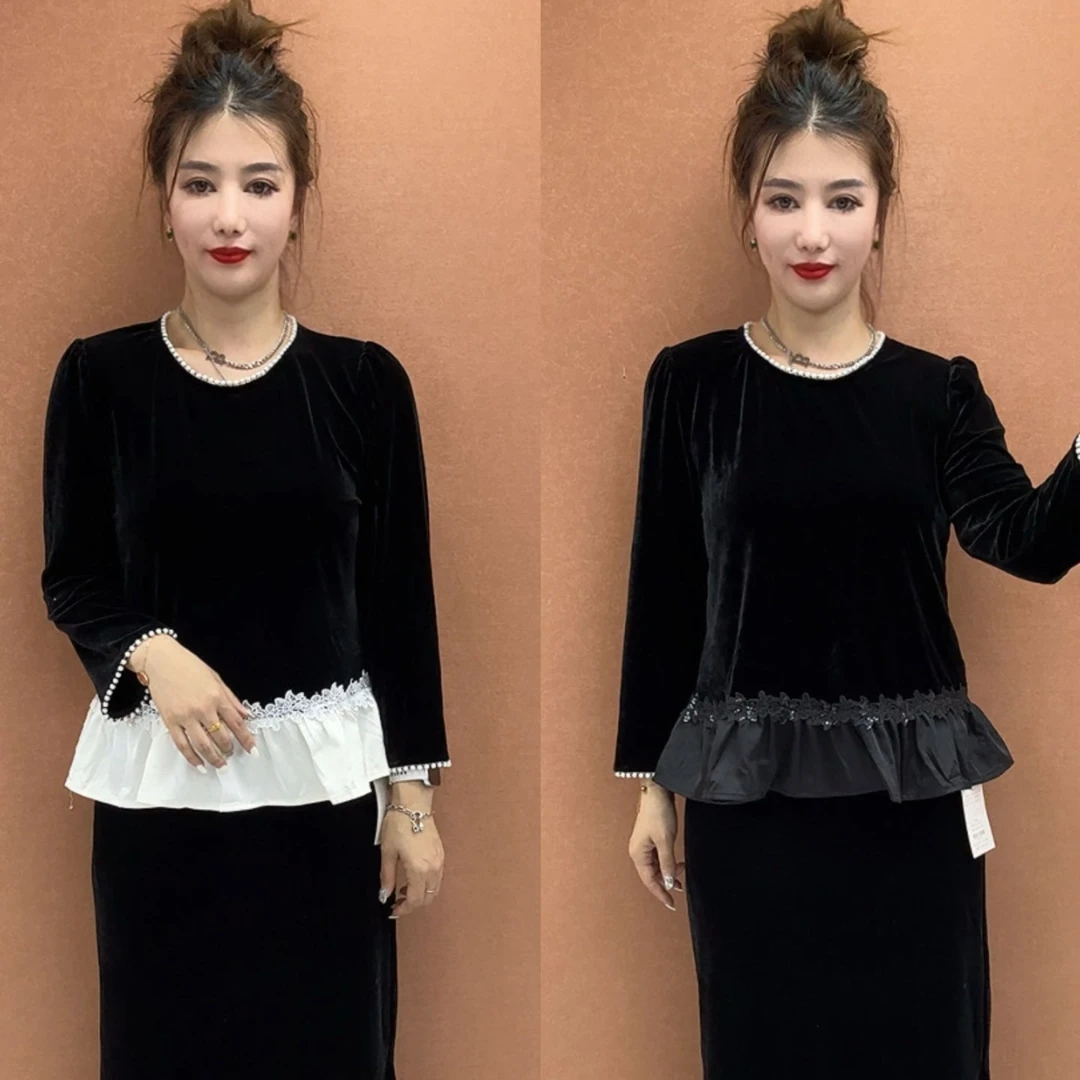 K时尚显瘦丝绒串珠衫