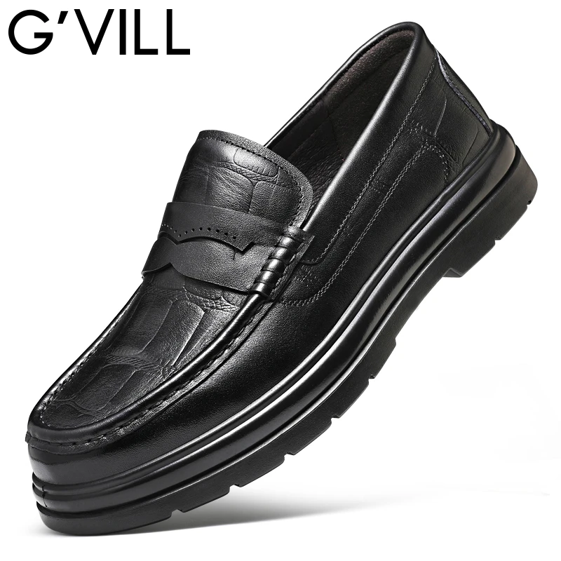 G’VILL/贵之步头层牛皮乐福鞋套脚百搭防滑商务男士皮鞋爸爸鞋