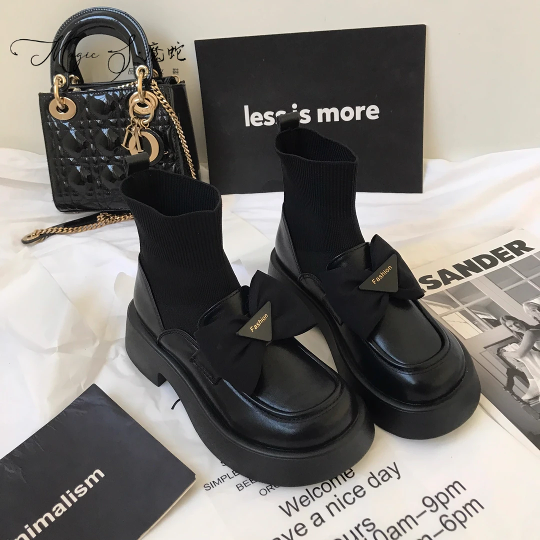 【万达撤柜】厚底马丁靴女英伦风连袜靴小皮鞋2025年春季新款瘦瘦短