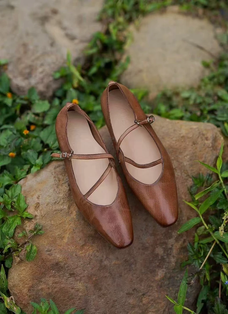 真皮法式复古皮鞋棕色优雅