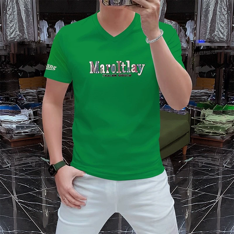 2025夏季新款V领短袖t恤男潮牌字母印花丝光男半袖鸡心领薄款体恤