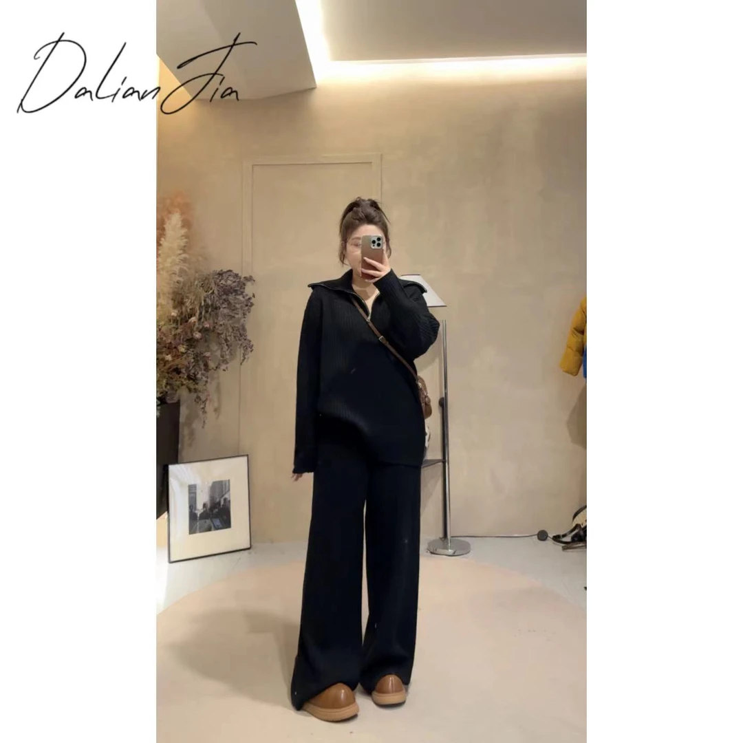 【不费力穿搭】针织纯色宽松拉链毛衣+全松紧腰裤子套装