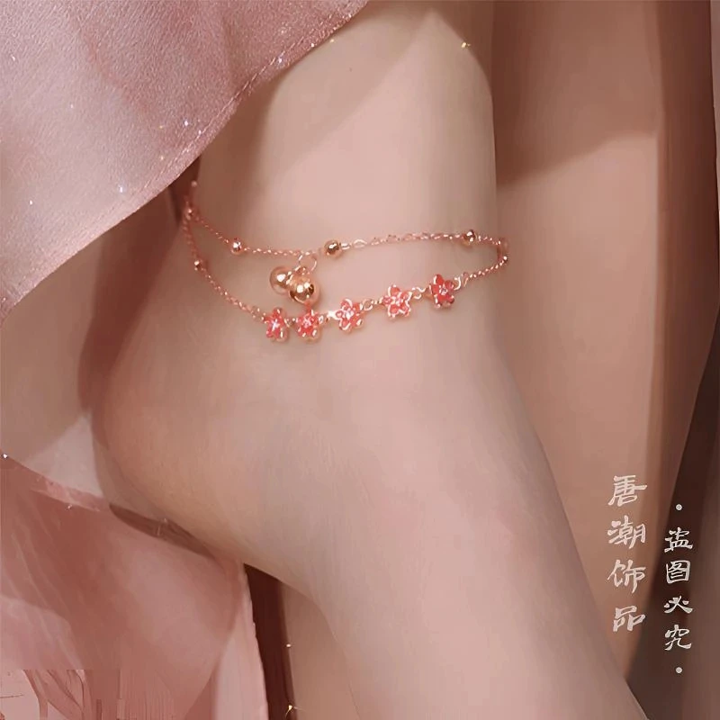 铜合金合成锆石脚链 【桃花】撼花铃·脚链气质古风宫铃女款