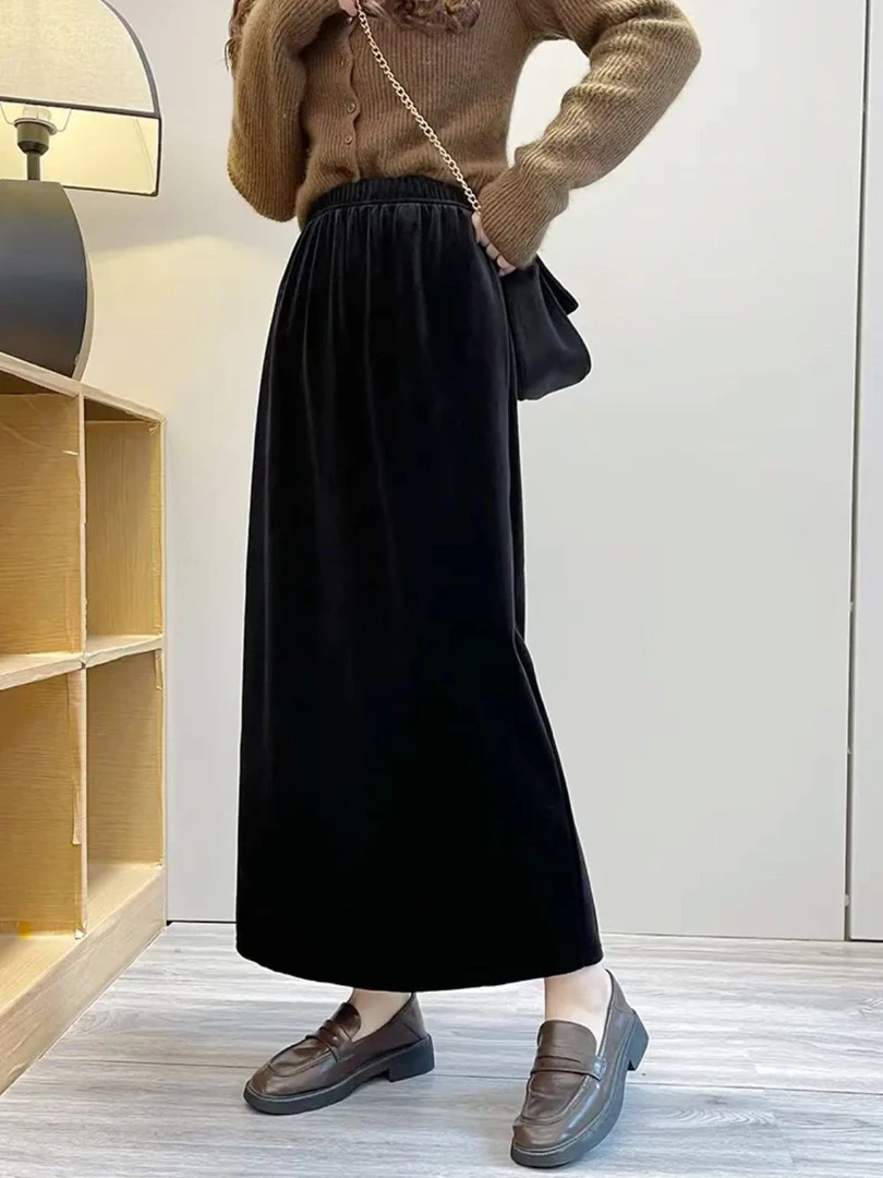 范范家【进口丝绒】新春款女士高档丝绒A字开叉半身裙190247