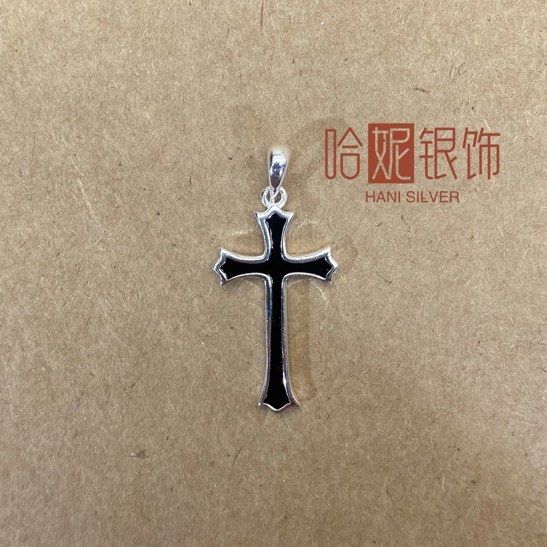 吊坠足银 滴胶十字架足银纯银吊坠黑色百搭个性简约潮流ins