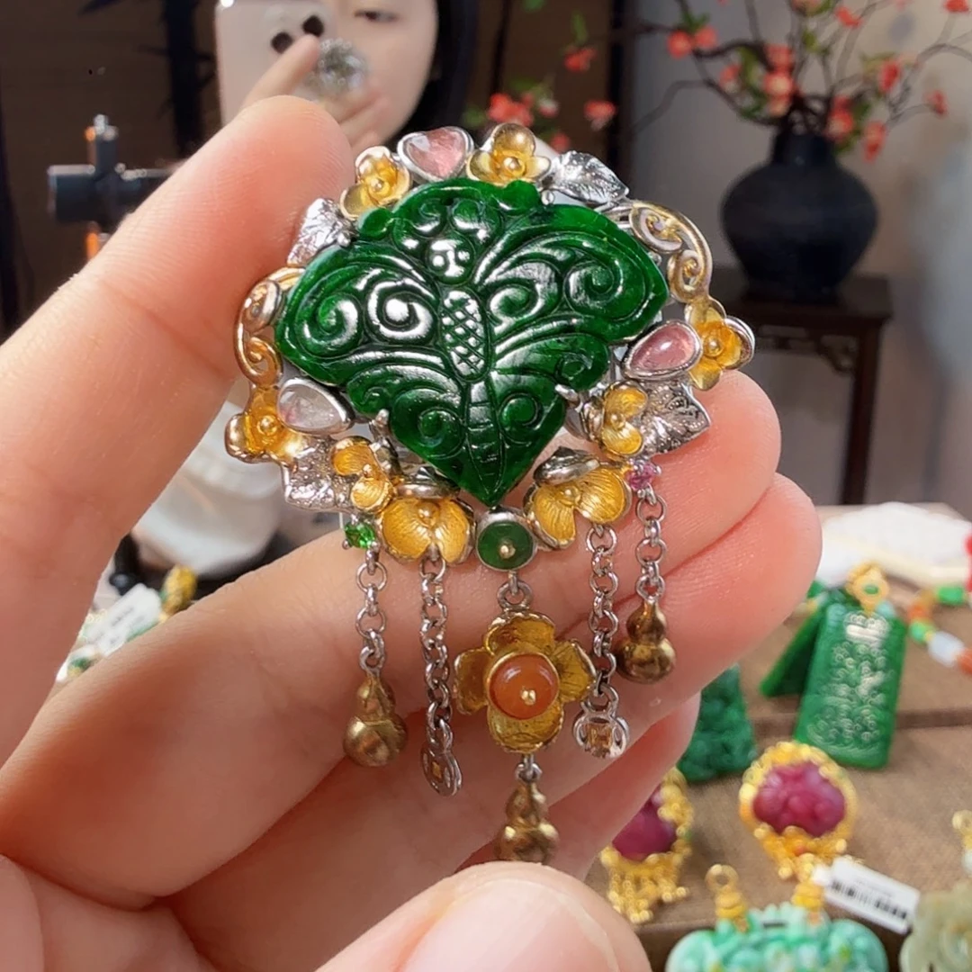 翡翠银S925镀金镶嵌戒指