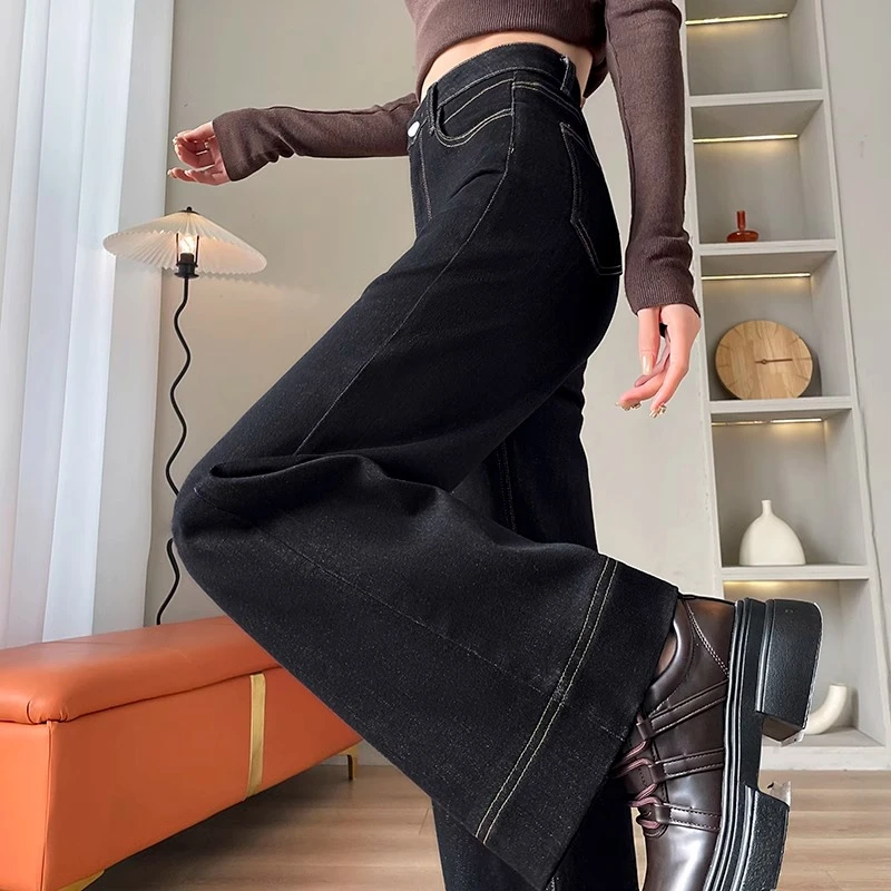 黑色阔腿牛仔裤女秋冬2025新款高腰宽松显瘦小个子网红直筒拖地裤