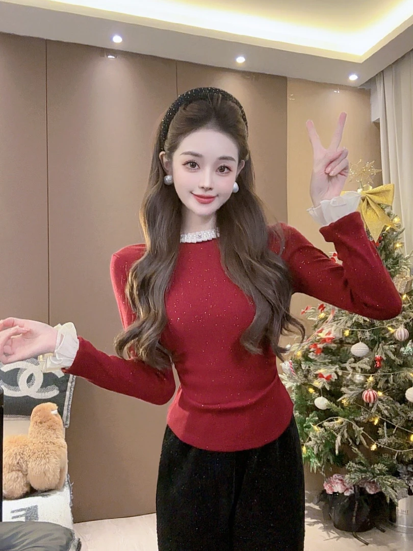 【尤猫】百搭显瘦设计感拼接珠珠花边气质上衣女-Y31135