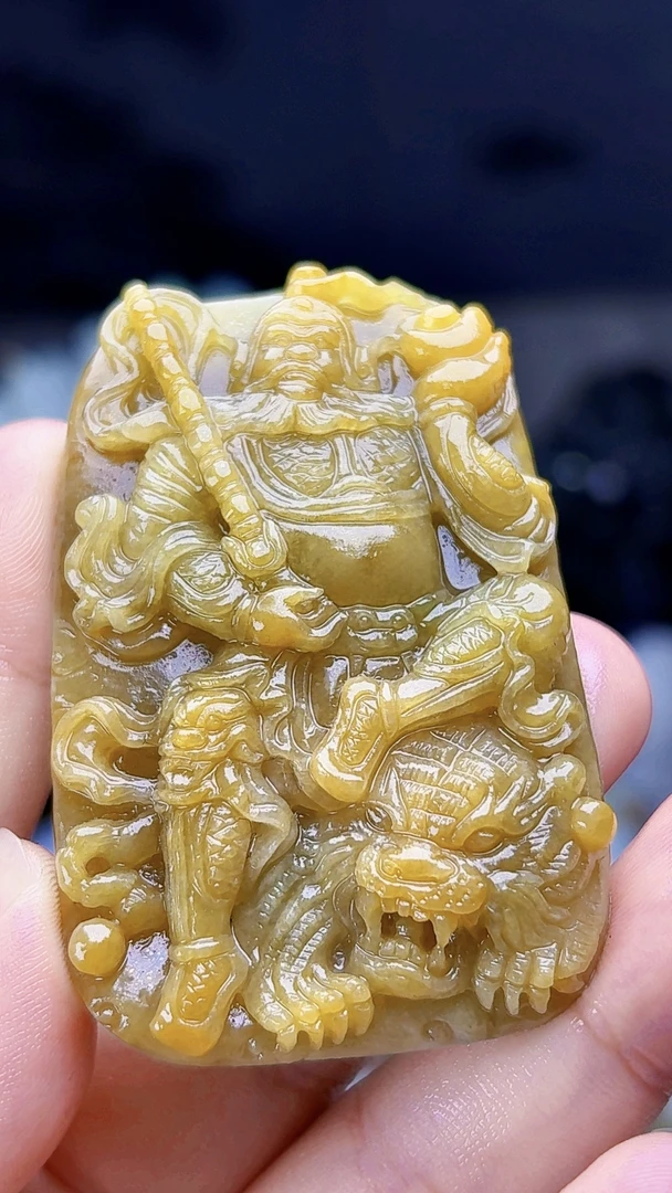 天然缅甸翡翠满黄翡赵公明双面精工毛货买断需抛光尺寸62-41-10.8