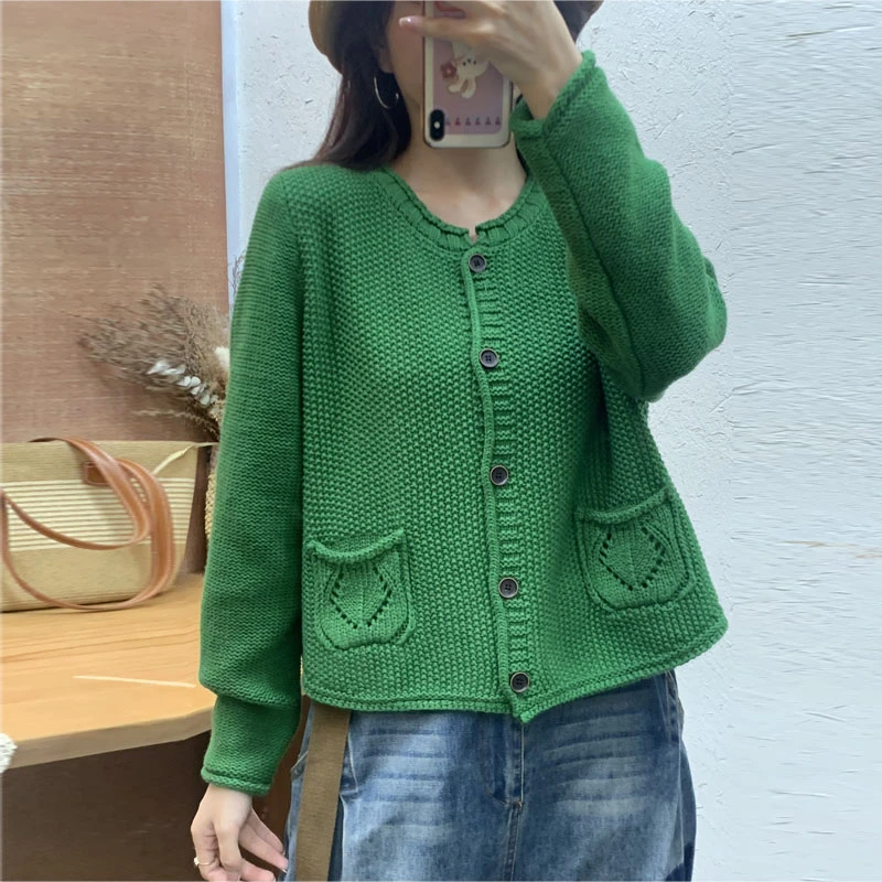 2025早春新品纯棉纱线电脑机提花底圆领短开衫百搭时尚潮流针织衫