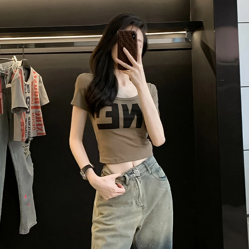 修身显瘦短款低领t恤女短袖夏季新款高腰紧身辣妹露脐半袖衫上衣