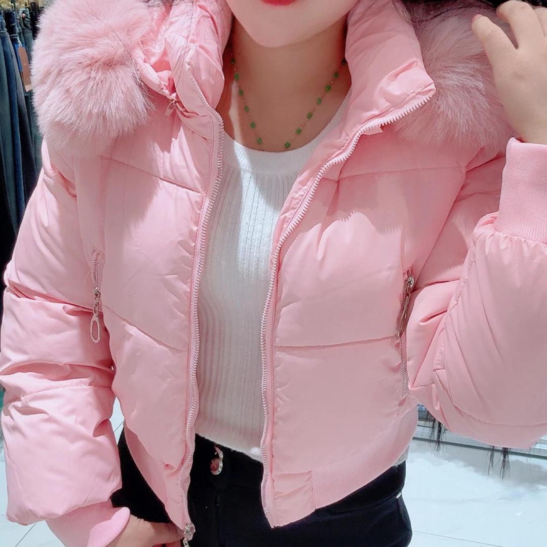 女士短款可拆卸帽大毛领加厚保暖秋冬面包服棉衣外套