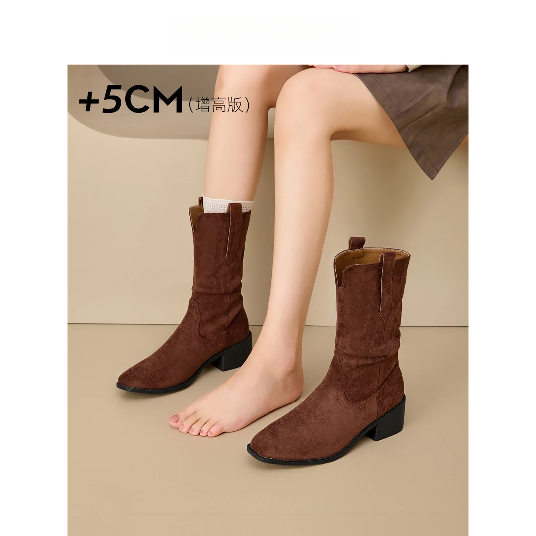 小个子增高靴子女2025新款秋尖头粗跟美拉德西部牛仔靴套筒堆堆靴