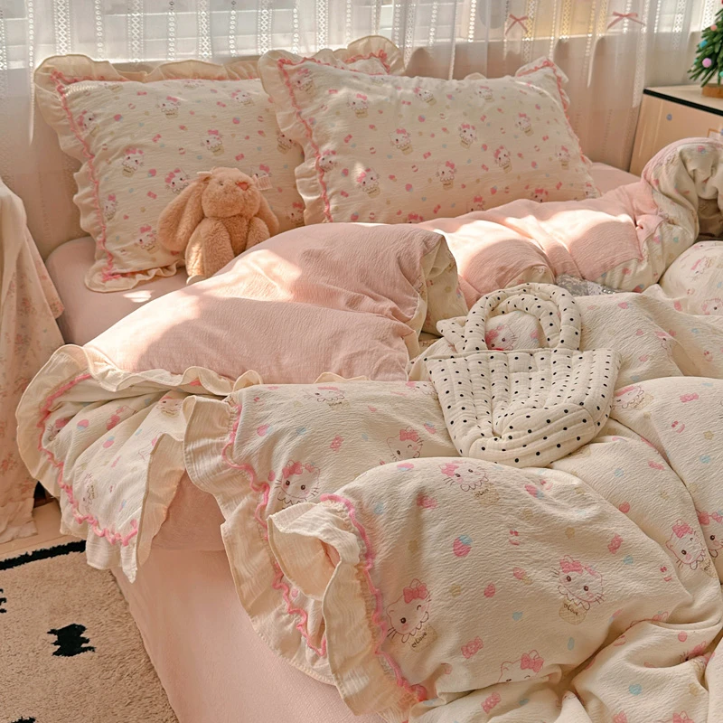韩式荷叶边云感棉双层纱卡通四件套少女心被套床单床笠款床上用品