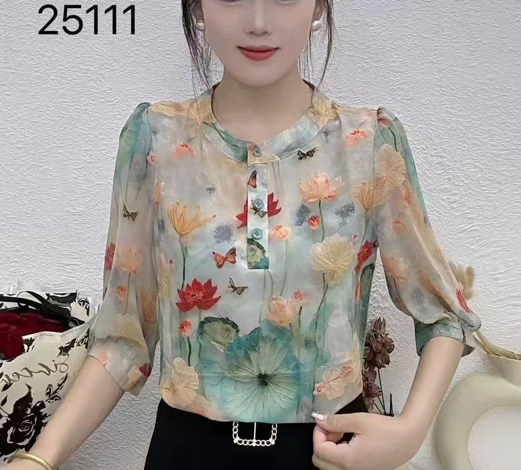 夏季常规上衣七分袖成人显瘦衬衫超薄印花衬衣碎花