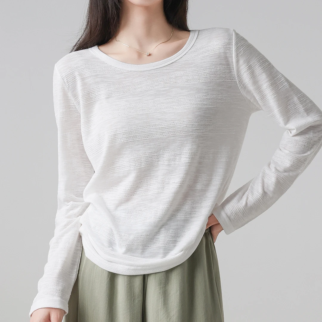 白色正肩长袖t恤打底衫女宽松网孔镂空透气质感宽松慵懒早秋上衣