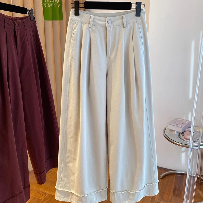 2025春秋新款宽松休闲百搭高腰直筒裤象腿裤韩国杏色阔腿牛仔裤女