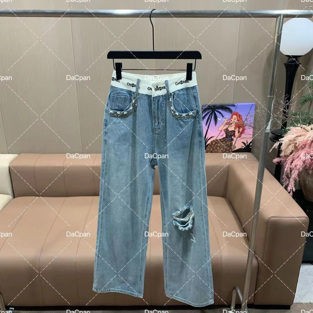 DACPAN-“酷甜牛仔”烫钻拼接腰头直筒牛仔裤 2025/盼·PP 8808