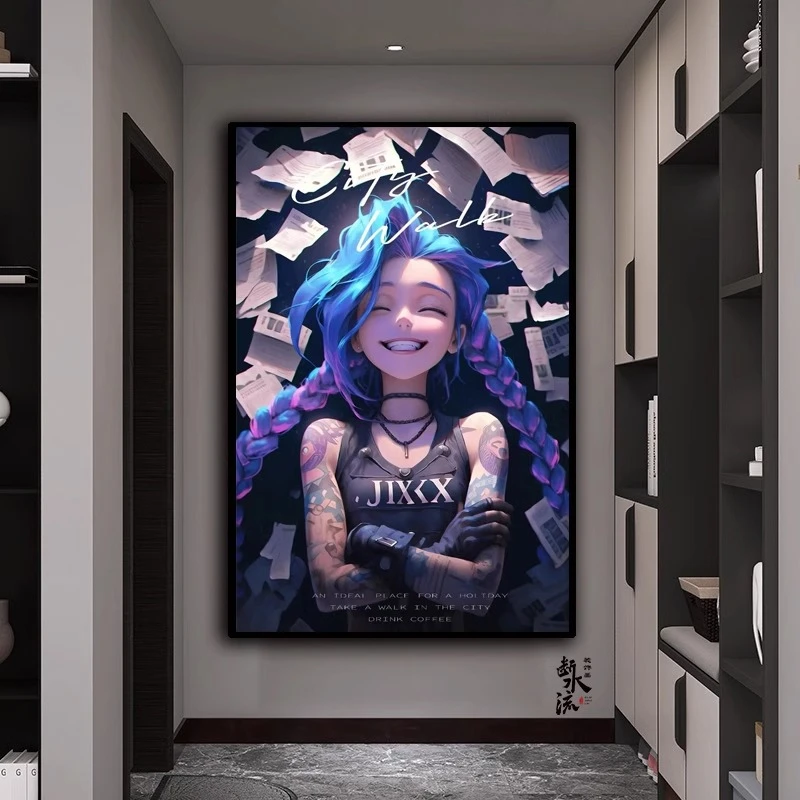 英雄联盟金克丝挂画可爱美女游戏艺术油画网咖装饰画电竞房间壁画