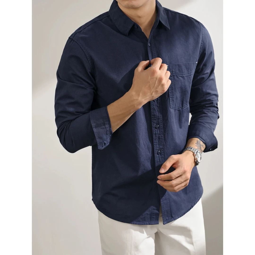 休闲长袖方领纯色春秋简约短袖衬衫尖领上衣潮流男韩版男士衬衣