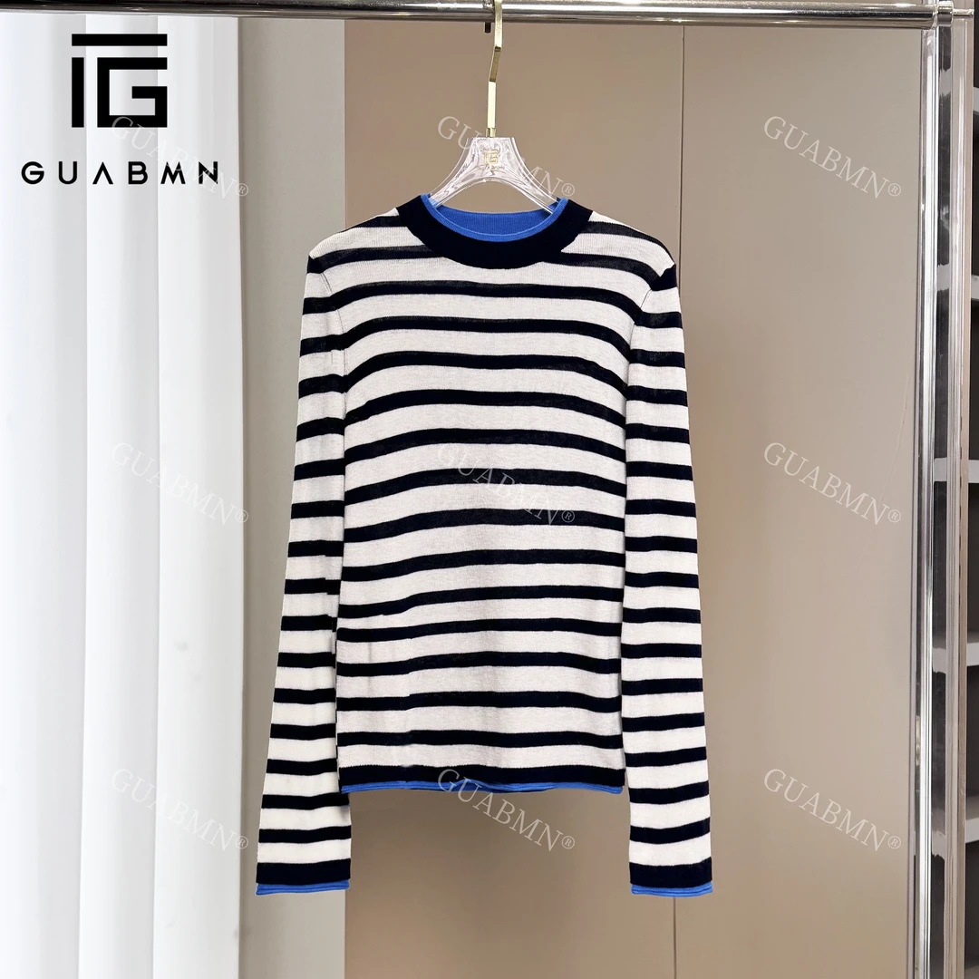 GUABMN2025夏季新款圆领领袖口撞色显瘦百搭长袖针织衫衫3837