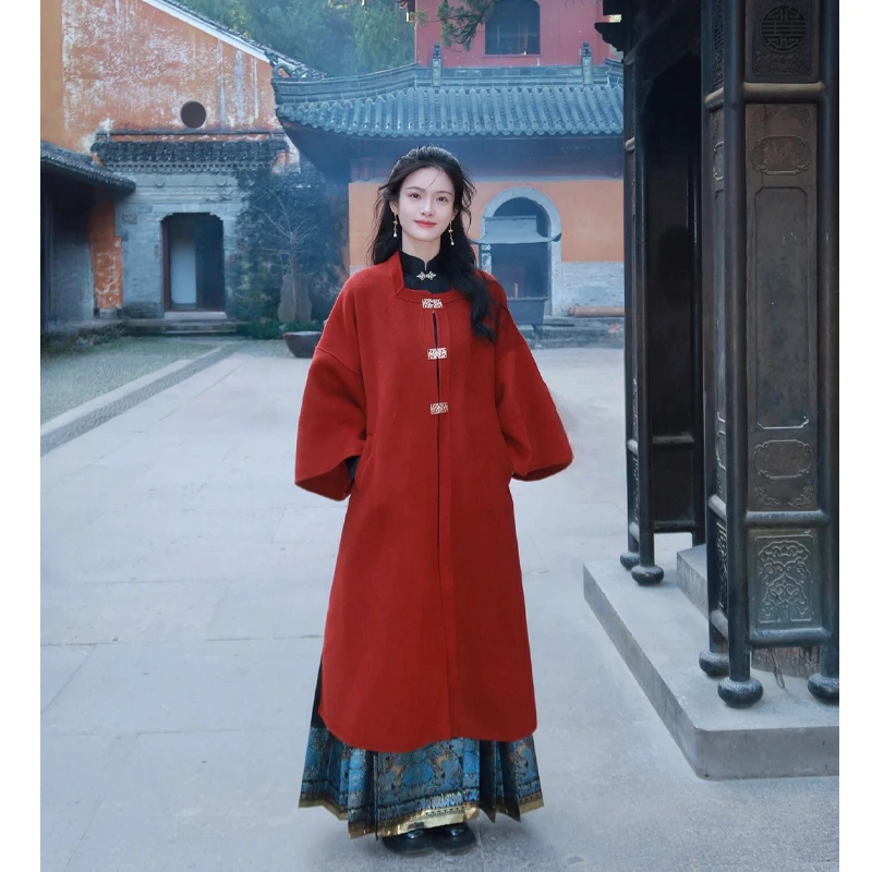 新中式毛呢大衣女冬季2025新款禅意轻国风过年红色呢子外套中长款