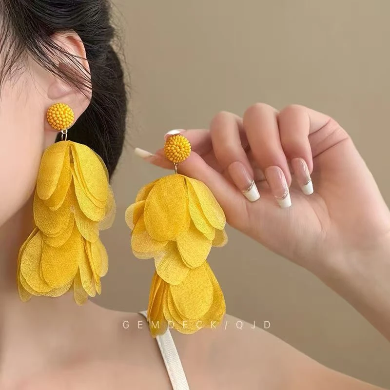 合金耳饰 波西米亚黄色花朵耳环女海边度假流苏耳钉超仙高级耳饰