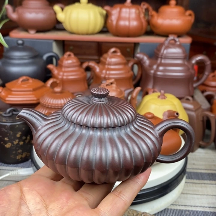 茶壶紫砂筋纹合欢200cc原矿老紫泥还原烧