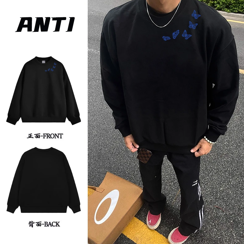 ANTI国潮美式蝴蝶印花重磅舒适保暖圆领卫衣秋冬季高街男女上衣