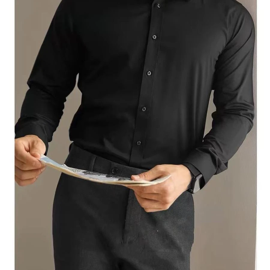 轻奢风黑色抗皱衬衫男长袖白色寸衫秋冬内搭商务免烫正装高级衬衣