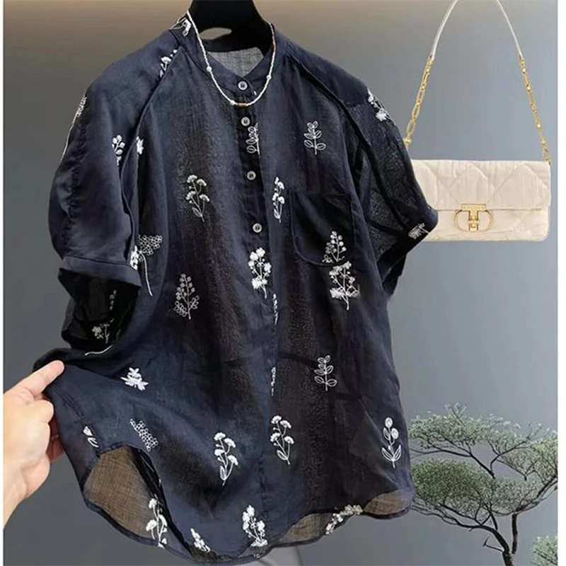 2025夏季欧货时尚爆款洋气减龄宽松上衣设计感小众黑色碎花衬衫女