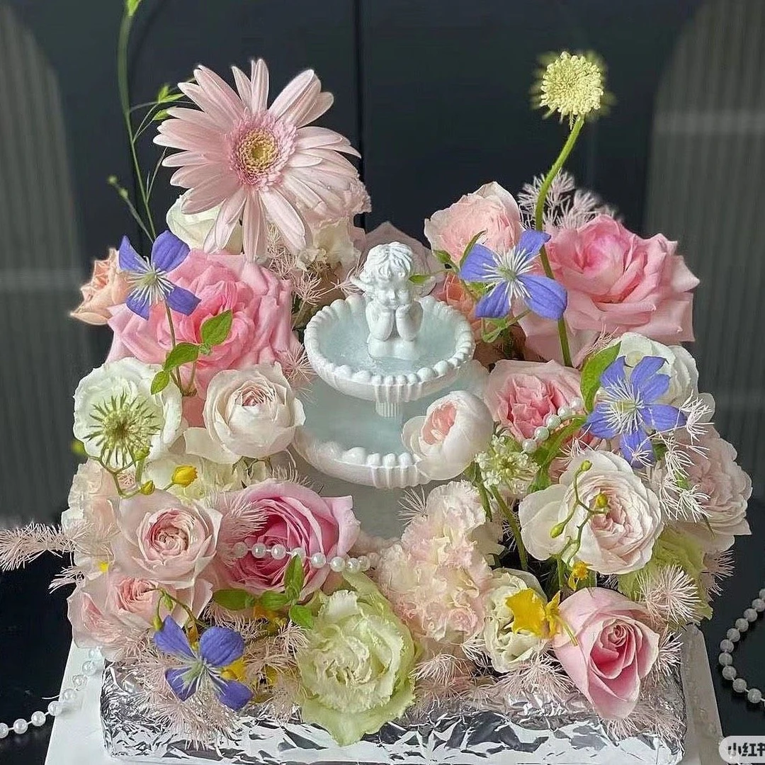 【天使许愿池】网红许愿池鲜花粉玫瑰花搭配蓝绣球弗朗粉色系混搭鲜花盒礼物送女友闺蜜同城花店