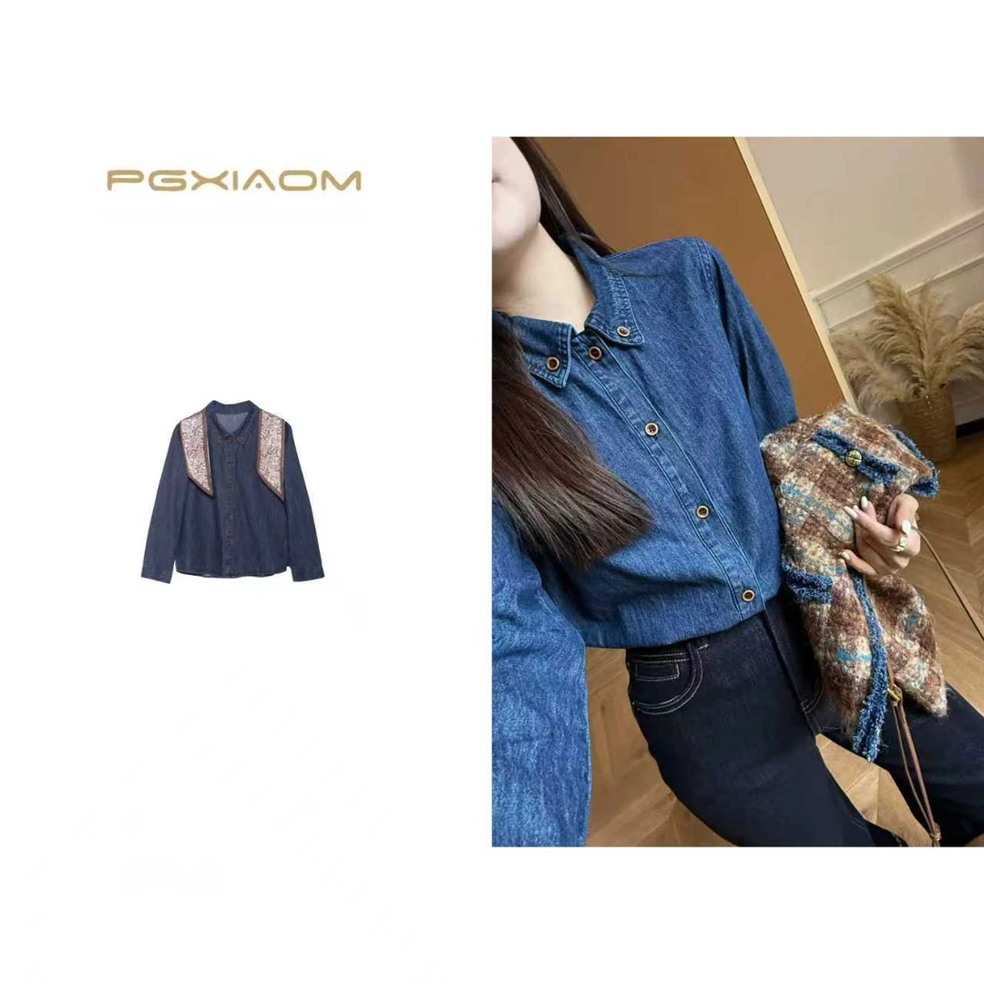 【PGXIAOM】润秀定制蓝色丝巾牛仔衬衣CY10210