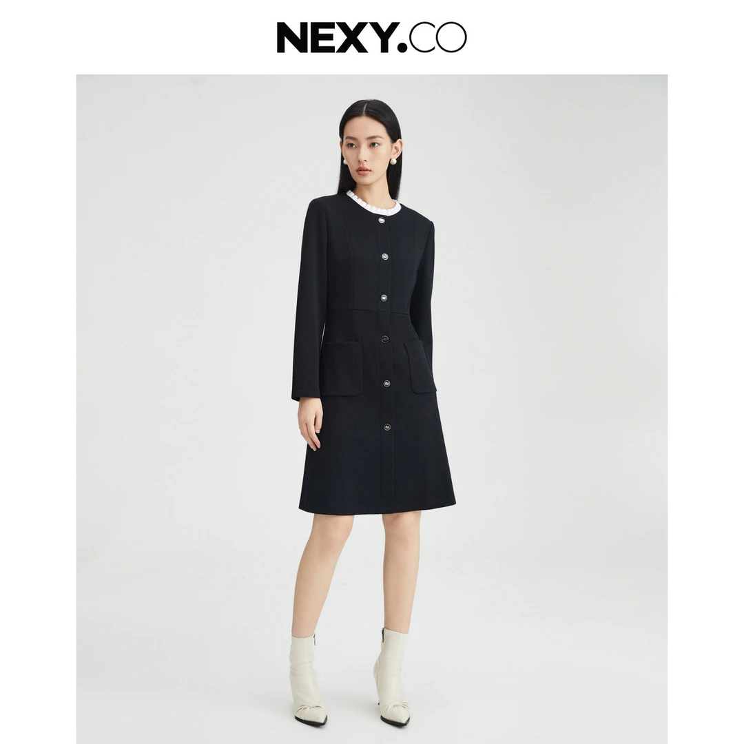 【羊羊专属】【小香风】秋气质撞色拼接花形圆领舒适连衣裙女
