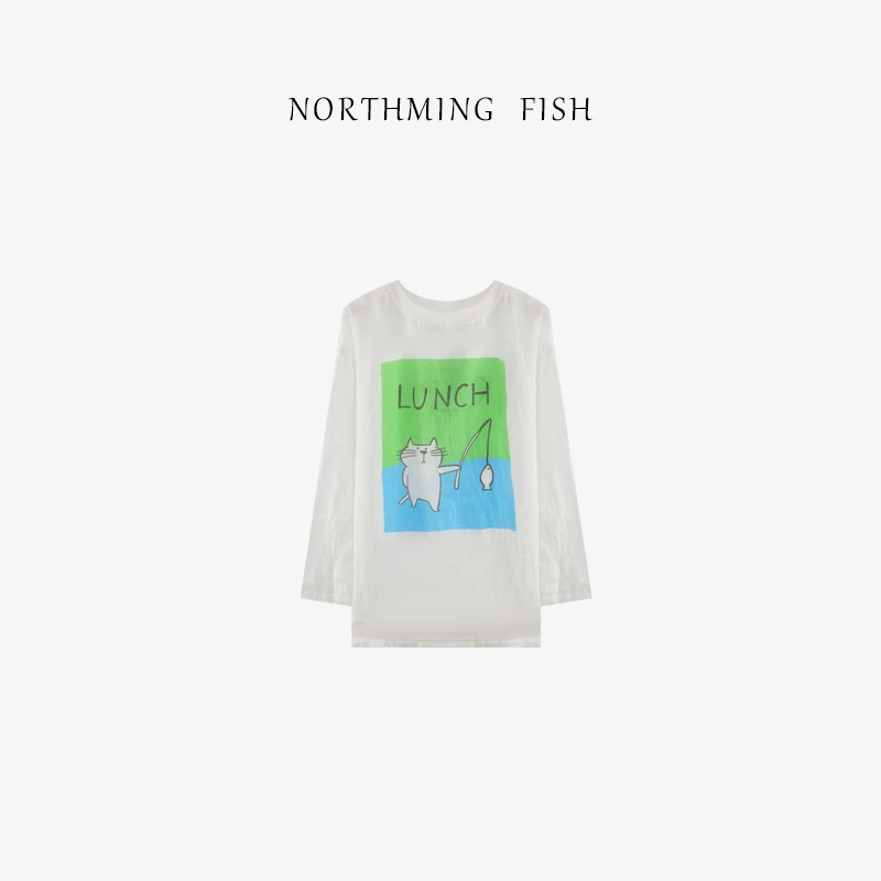 NorthMing fish「小猫钓鱼」100%亚麻 干爽舒适卡通图案长袖T恤