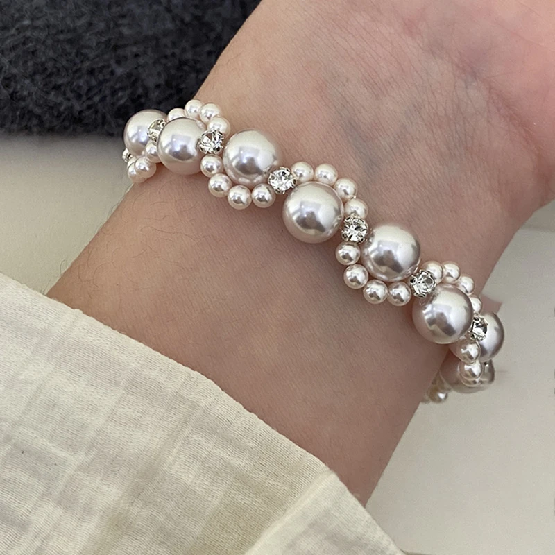 不锈钢仿珍珠手链 欧美施家珍珠手工缠绕手链轻奢高级感手环个性