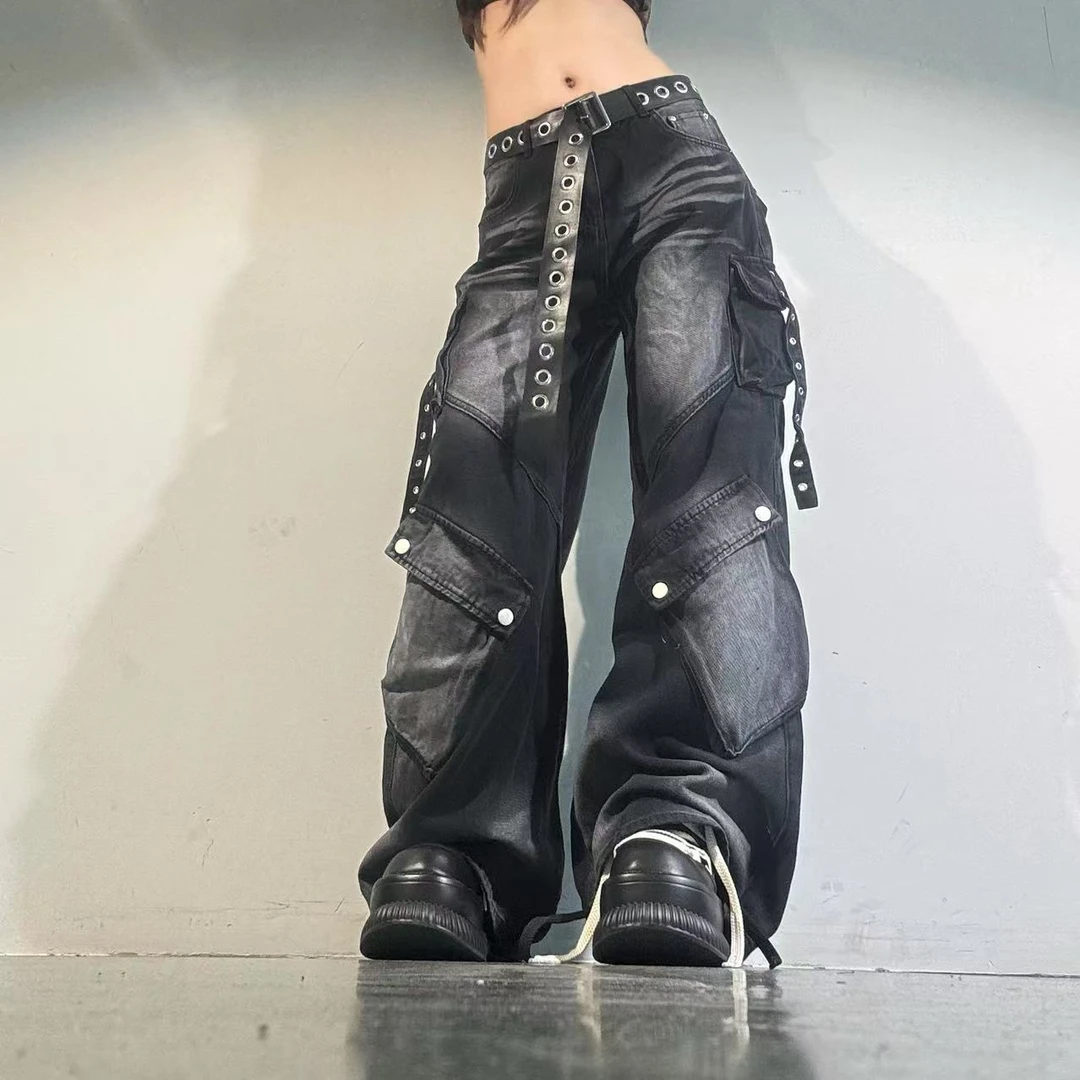 重工解构飘带多口袋阔腿牛仔裤女春季新款高腰显瘦拖地长裤