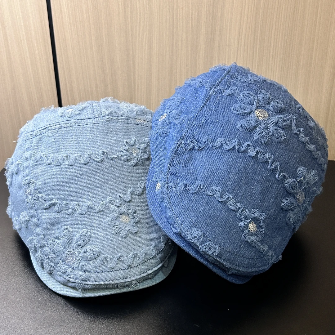 鸭舌帽牛仔浅蓝前进帽帽子鸭舌帽春夏花朵秋季百搭渔夫帽丹宁女