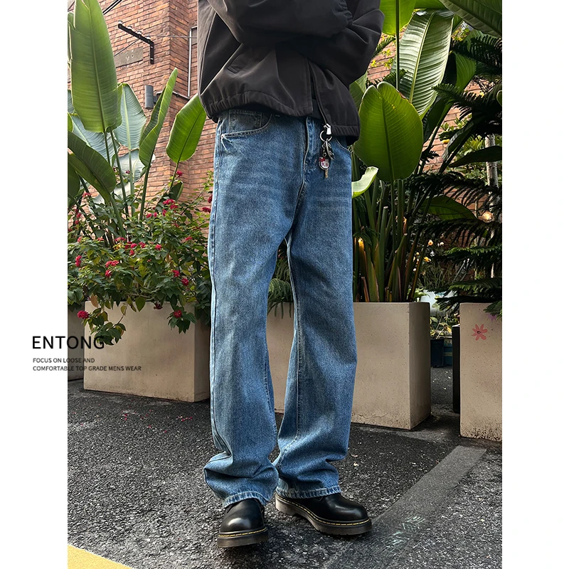 Entong日系宽松复古Vintage直筒牛仔裤男生蓝色水洗百搭休闲长裤