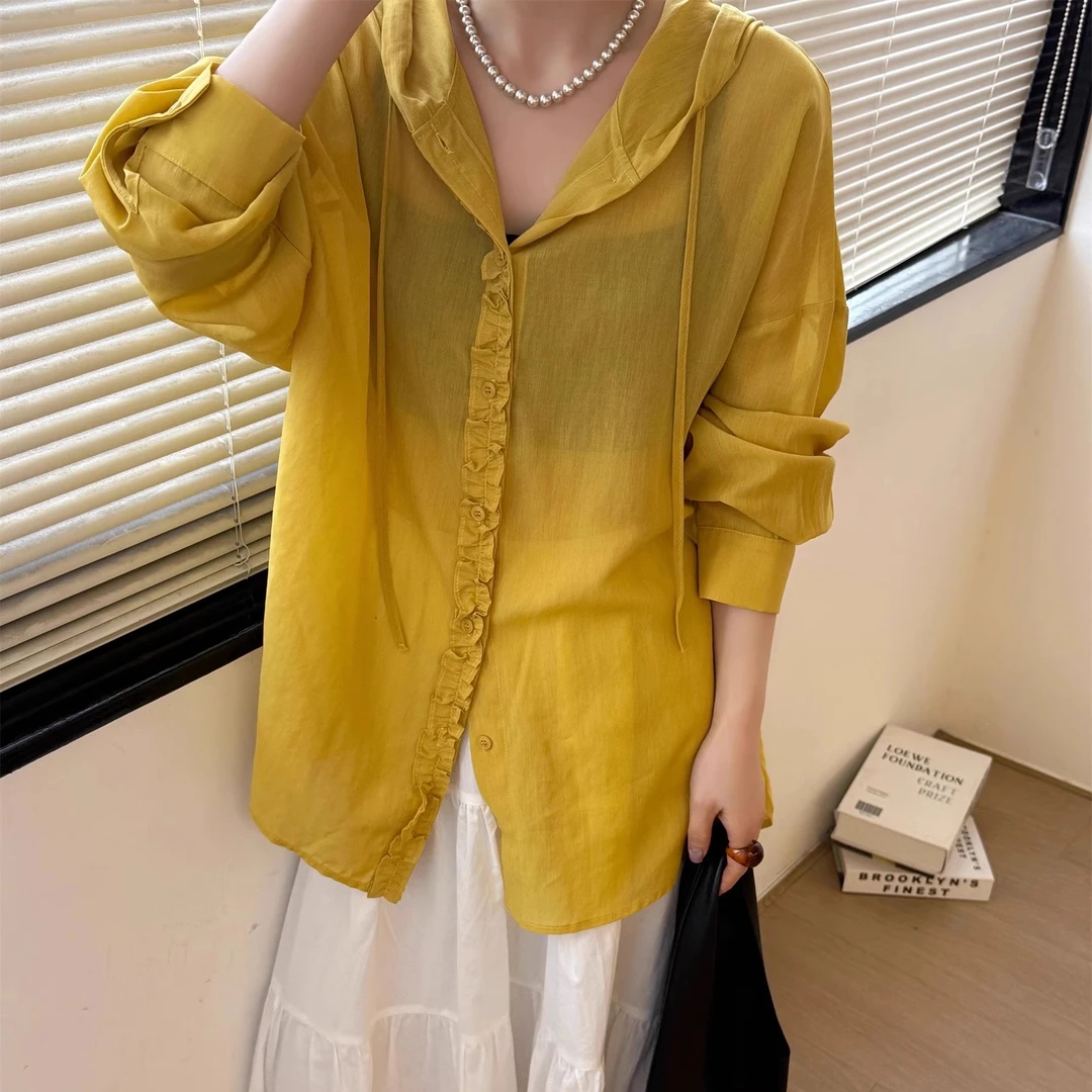 2025春夏款连帽抽绳长袖衬衫女宽松显瘦小个子上衣潮薄款防晒衣