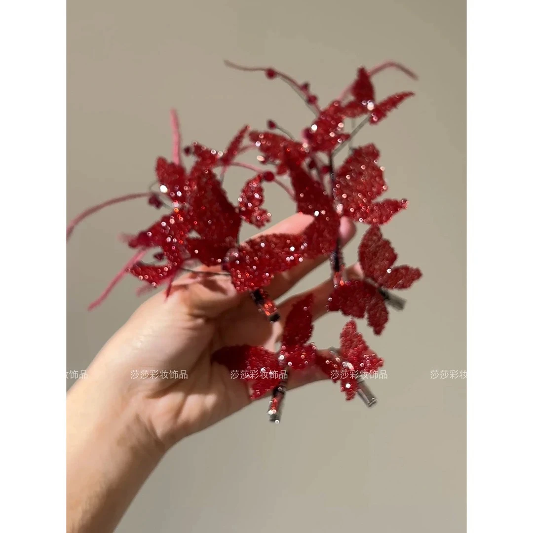 T7214酒红色复古中式水晶蝴蝶发饰新娘敬酒服配饰