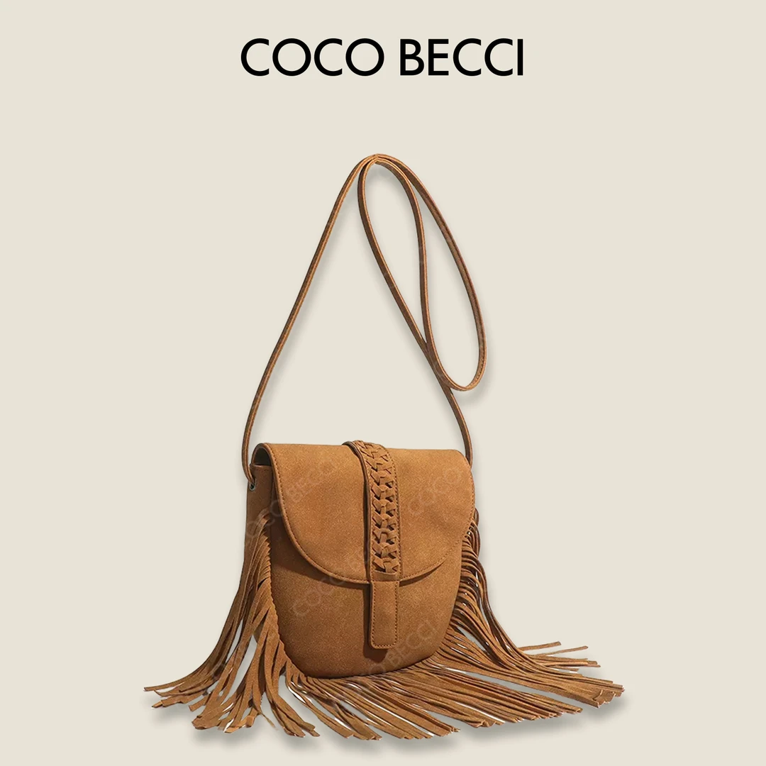 COCO BECCI复古棕色流苏时尚个性斜挎包单肩CFLJC190006